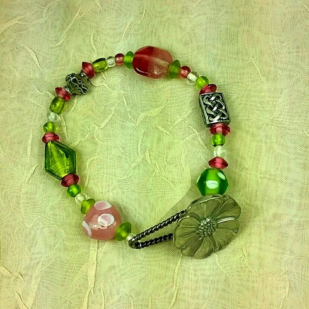 Artisan Glass Bead Bracelet Toggle Clasp Pink Green Boho Garden Fairy Celtic